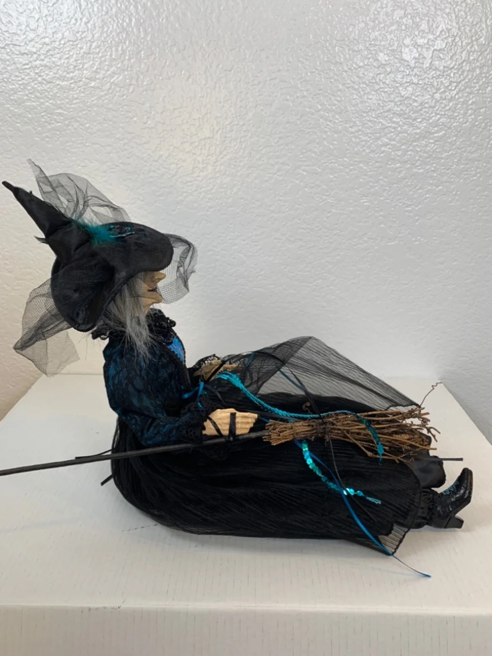 Spooky Old Witch With Broom Doll Shelf Sitter Blue Black Halloween Scary Decor